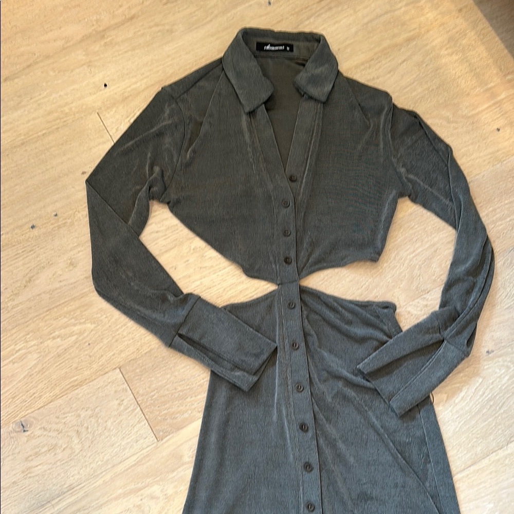 Grayish Green Open Back Button-Up Dress